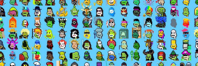 A pixel art collection displaying dozens of small colorful character sprites arranged in a grid on a bright blue background, featuring various fantasy creatures, zombies, and figures.