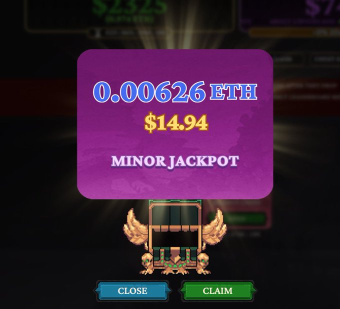 A casino-style slot game screen showing a 'Minor Jackpot' win of 0.00626 ETH ($14.94) with Claim and Close buttons.