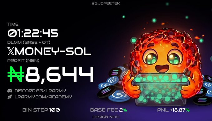 A digital graphic titled '#GUDFEETEK' featuring a cartoon orange character, displaying TIME 01:22:45, DLMM (BASE + QT) 'XMONEY-SOL', and PROFIT (NGN) of '₦8,644' with PNL +18.87%.