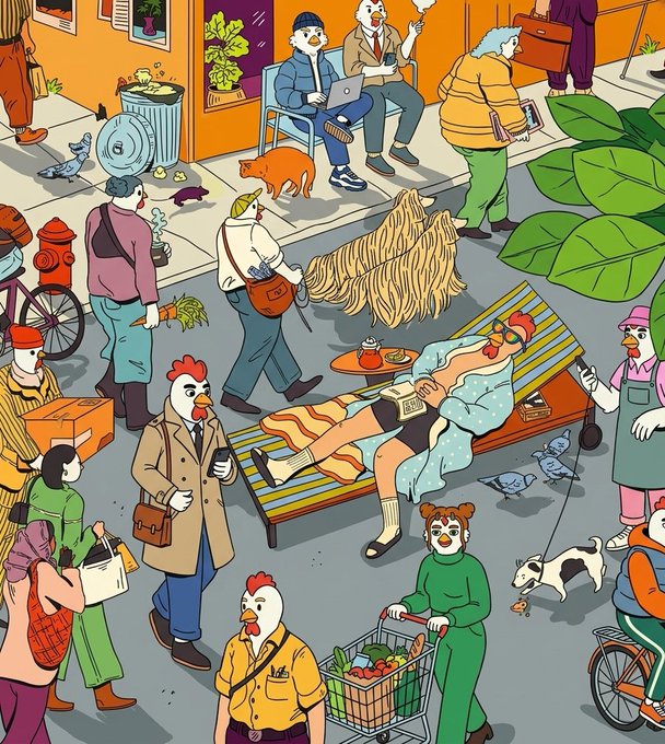 A vibrant isometric illustration shows a bustling city street filled with characters depicted as chickens in human clothing, including a man in a tank top reading a book labeled "BCH" on a bench, surrounded by dogs, pigeons, and other pedestrians. The image's rich, detailed urban scene ties into the post's announcement of a unique NFT drop called "Drop E-V-M," celebrating the fusion of IP art with crypto culture as WTC mints exclusively on OpenSea.
