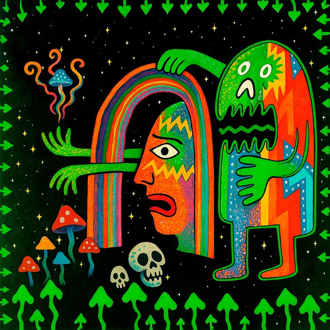 A vibrant psychedelic illustration features a colorful woman's profile with rainbow hair, a green monster, mushrooms, skulls, and green arrow borders on a starry black background.