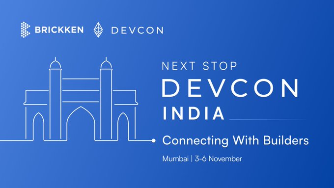 A blue event slide displays the logos “BRICKKEN” and “DEVCON” and the text “NEXT STOP DEVCON INDIA,” “Connecting With Builders,” and “Mumbai | 3-6 November.”