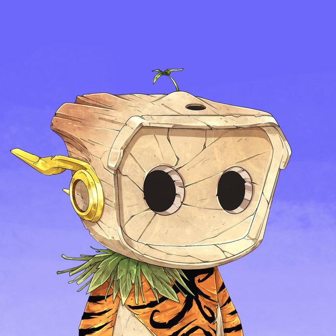 An illustrated character with a wooden, cube-shaped face, small green plant on top, golden ear ornament, and tiger-striped clothing against a blue sky.