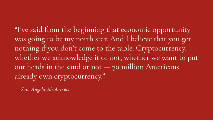 A red graphic featuring a quote from Sen. Angela Alsobrooks about economic opportunity and cryptocurrency, noting that 70 million Americans already own cryptocurrency.