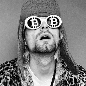 A black-and-white photo of a man wearing circular sunglasses with the Bitcoin "₿" logo on both lenses, a baseball cap, and a fur coat. The image humorously ties to the post about "Cobbie" leaving Coinbase to become a developer, with the Bitcoin sunglasses visually nodding to his transition from a major crypto exchange to the meme-coin world of Pump.fun.