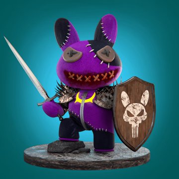 A 3D-rendered purple plush bunny character stitched together with patches, wielding a sword and a wooden shield bearing a skull emblem, standing on a stone base.