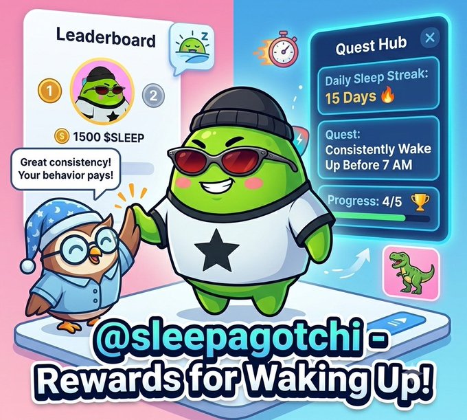 A colorful promotional graphic for '@sleepagotchi - Rewards for Waking Up!' featuring a green character in sunglasses alongside a leaderboard showing 1500 $SLEEP and a Quest Hub for a 'Daily Sleep Streak: 15 Days' with the goal 'Consistently Wake Up Before 7 AM' (Progress: 4/5).