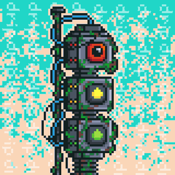 A pixel art illustration of a stack of three grey computer servers or towers with colored lights, set against a static-like teal and beige background.