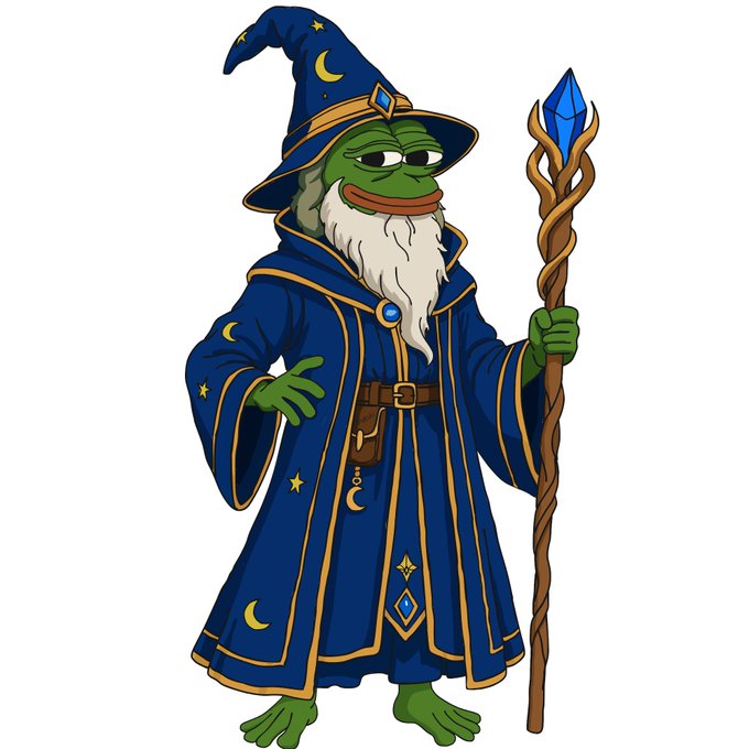 A cartoon illustration of Pepe the Frog dressed as a wizard, wearing a blue robe and pointed hat decorated with stars and moons, holding a wooden staff topped with a blue crystal.