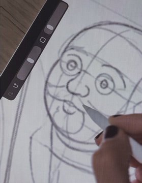 A hand using a stylus to draw an owl's face on a digital tablet, with the tablet's toolbar visible on the left side.