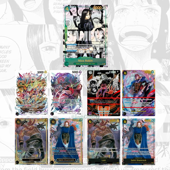 This image showcases new cards for OP18, including Nico Robin, Franky, Saint Gunko, Saint Shamrock, and Loki, with a release date of November 20th. The revealed cards are part of a recap of what's coming for OP18, as mentioned in the accompanying post.