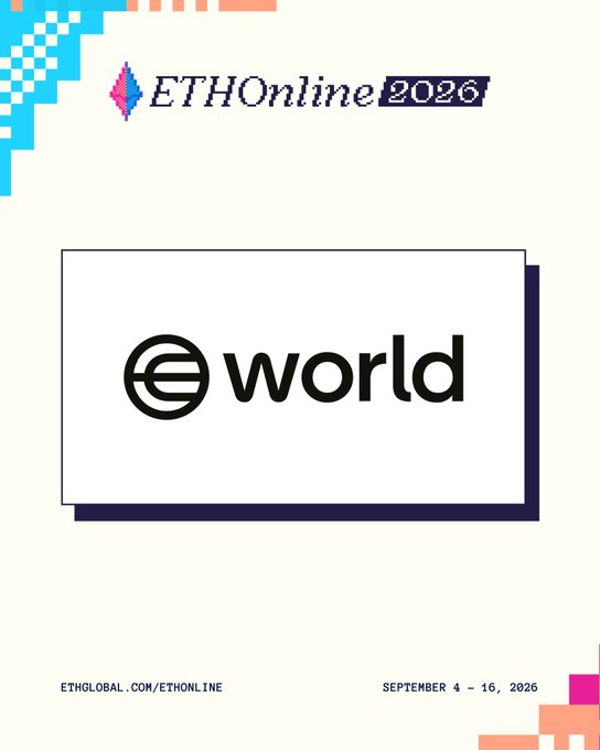 A promotional poster for ETHOnline 2026 featuring the World logo, with the event dates September 4-16, 2026 and ETHGLOBAL.COM/ETHONLINE.