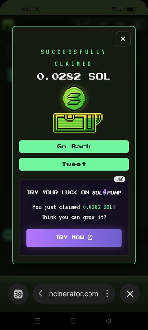 A mobile phone screenshot of a pop-up window on ncinrator.com that reads "SUCCESSFULLY CLAIMED 0.0282 SOL" with a green ticket icon, buttons for "Go Back" and "Tweet", and a promotional banner to "TRY YOUR LUCK ON SOL PUMP".
