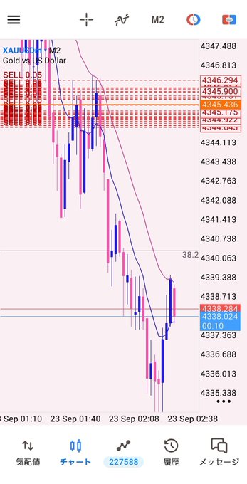 A financial chart showing XAU/USD (Gold vs US Dollar) on a trading platform with Japanese menu options (気配値, チャート, 履歴, メッセージ) and a SELL 0.05 order at 4338.338, displayed in M2.