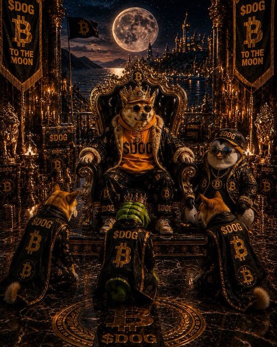 A stylized fantasy illustration featuring a crowned Shiba Inu dog wearing a '$DOG' orange hoodie sitting on an ornate golden throne under a full moon, surrounded by Shiba Inu subjects in '$DOG' and Bitcoin-branded robes, with 'TO THE MOON' banners.