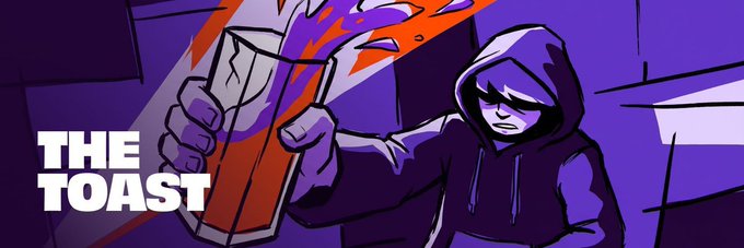 A stylized purple and red illustration with the text 'THE TOAST' showing a hooded figure holding a glass of red liquid.