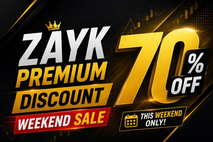 The image is a promotional banner featuring the "ZAYK PREMIUM" logo with a crown icon, announcing a "70% OFF WEEKEND SALE" and "THIS WEEKEND ONLY!" with bold gold and red text on a dark background trading chart design, visually reinforcing the limited-time discount offer for the Zayk Premium Family membership plans listed in the post.