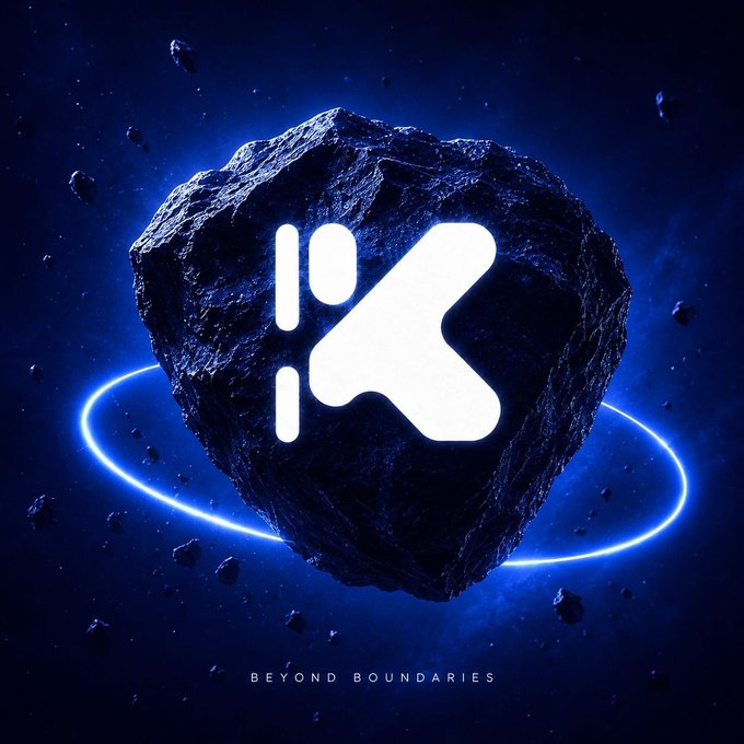 A space-themed digital artwork showing a glowing 'K' logo embedded in a dark asteroid surrounded by a blue light ring, with the tagline 'BEYOND BOUNDARIES' at the bottom.