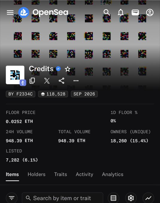 Screenshot of the OpenSea NFT marketplace showing a 'Credits' collection with a floor price of 0.0252 ETH, 24H volume of 948.39 ETH, and 18,260 unique owners.