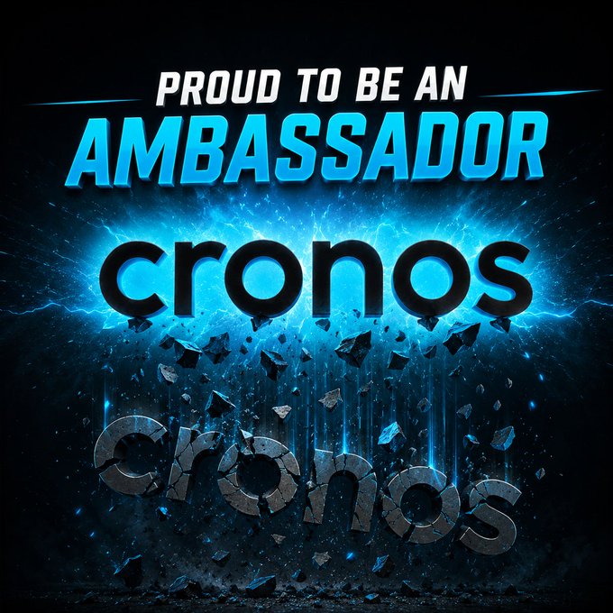 The image features a dark blue background with white text that reads "Croons" followed by " Ambassador" and " @CronosApp #cro". The text appears to be in a stylized font, giving it an artistic touch. The overall design of the image suggests that it is related to the post about being an Ambassador for Croons.