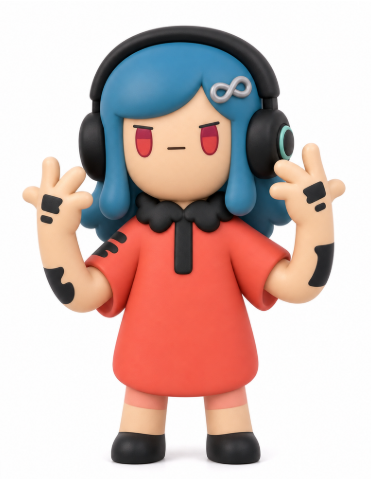 A 3D-rendered cartoon character with blue hair, headphones, an infinity symbol hairclip, and a red dress, standing with both hands raised and a flat expression.