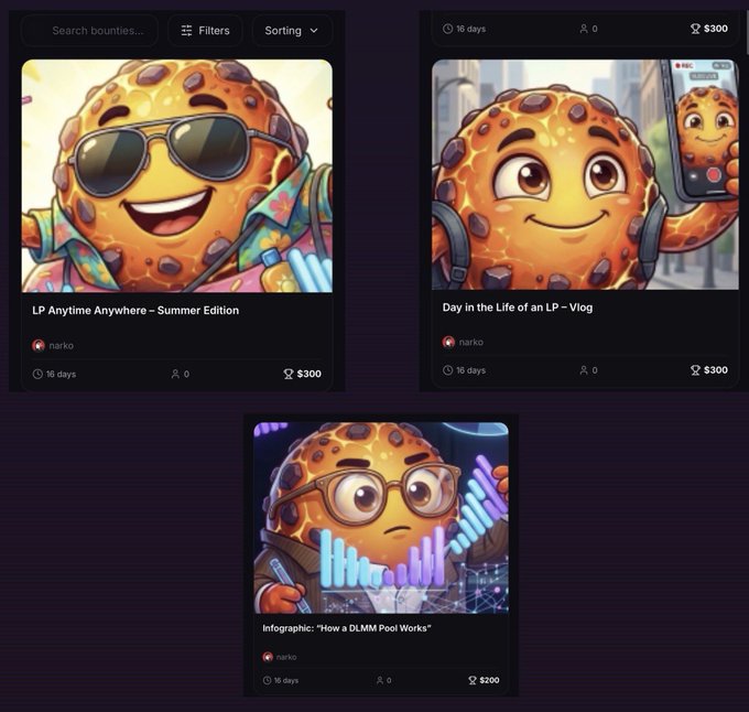 A bounty platform displays three cartoon cookie character cards by user 'narko': 'LP Anytime Anywhere – Summer Edition' ($300), 'Day in the Life of an LP – Vlog' ($300), and 'Infographic: How a DLMM Pool Works' ($200).