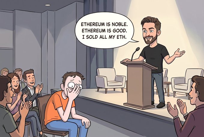 The image features a cartoon scene of a man standing at a podium, giving a speech or presentation while an audience watches him attentively. A microphone is visible near the podium, indicating that this could be a live event or a recorded one. The cartoon character in the image has a funny expression on his face and appears to be making a joke about Bitcoin, which seems to be the main focus of the scene.