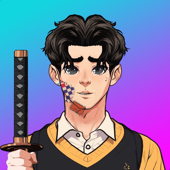 A stylized cartoon portrait shows a dark-haired young man with a patched cheek holding a katana against a blue-to-purple gradient background.
