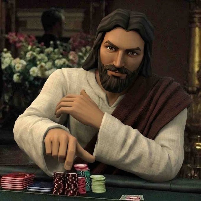 An animated depiction of Jesus sitting at a poker table with stacks of colorful chips, pointing down at the table with a thoughtful expression.