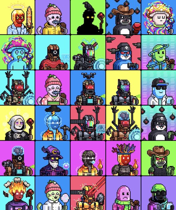 A colorful grid of pixel art NFT-style characters featuring various figures including wizards, robots, knights, and creatures on vibrant colored backgrounds.