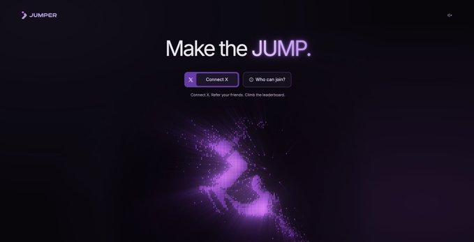 A dark-themed landing page for Jumper displays the tagline "Make the JUMP" alongside buttons to "Connect X" and "Who can join?", with instructions to "Refer your friends. Climb the leaderboard." Below the text, a stylized purple pixelated "J" logo is shown with a particle dispersion effect, corresponding to the Jumper app waitlist promotion referenced in the post.