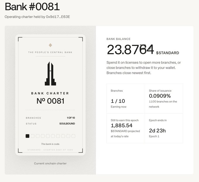 A dashboard for 'Bank #0081' displaying a bank balance of 23.8764 $STANDARD, 1 of 10 branches earning now, and projected earnings of 1,885.54.