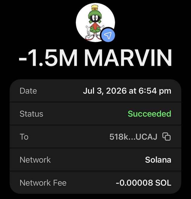 A successful Solana transaction screenshot showing a transfer of -1.5M MARVIN tokens dated Jul 3, 2026 at 6:54 pm, with a network fee of -0.00008 SOL, featuring the Marvin the Martian logo.