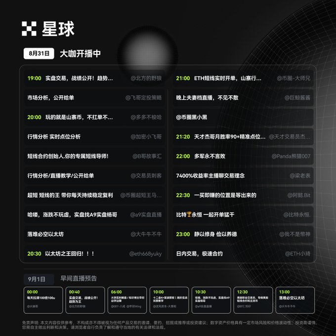 Chinese-language schedule page for '星球' (Planet) showing live broadcast listings for August 31st featuring various crypto trading streams including ETH shorts analysis, with times ranging from 19:00 to 23:00 and morning preview times listed below.