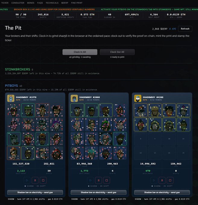 Screenshot of "The Pit" dashboard from an NFT game called Stonkbrokers, showing pitboys, shift counts, and various statistics including 0.573 ETH earned.