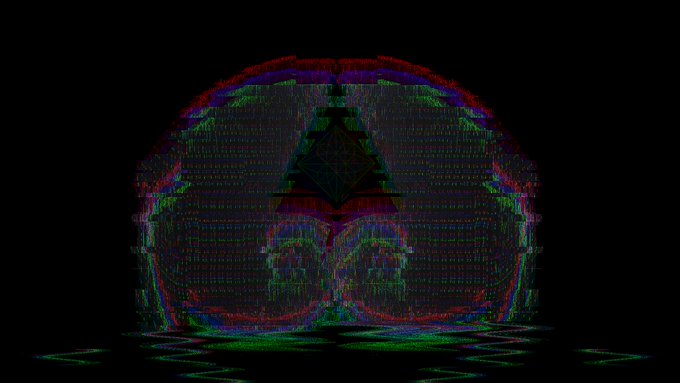 A dark, glitchy digital art piece with a symmetrical face-like design rendered in red, green, and blue chromatic aberration against a black background.