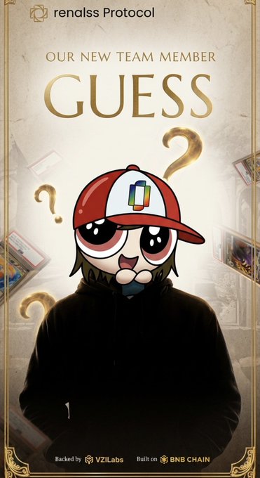 A promotional graphic for 'rendlesss Protocol' announcing 'OUR NEW TEAM MEMBER GUESS,' featuring a hooded figure with a cartoon cap and face, backed by 'VZILabs' and built on 'BNB CHAIN.'