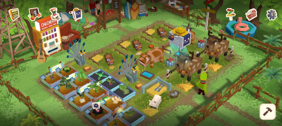 An expanded view of the farm game with more developed crops, multiple windmills, a cow, pigs, and farm machinery scattered across the grassy area.