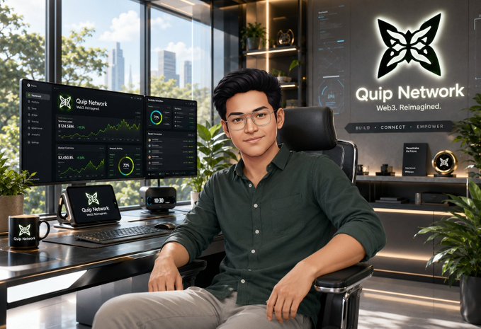 A digital rendering of a young man sitting at a desk in a modern office with multiple screens displaying 'Quip Network - Web3. Reimagined.' branding.