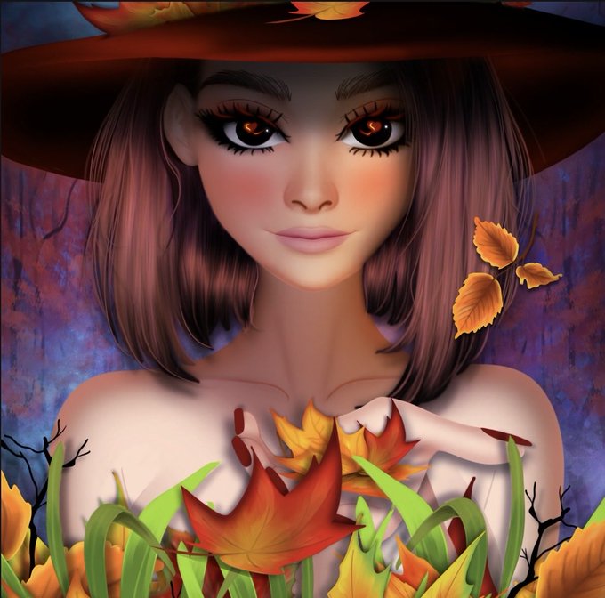 A digital illustration of an anime-style woman with short brown hair wearing a wide-brimmed hat, surrounded by autumn leaves with a fantasy, painterly background.