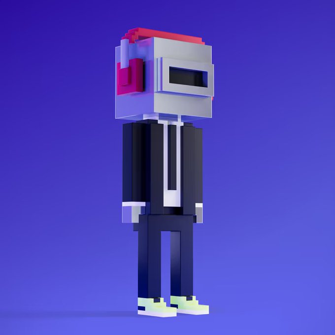 A blocky, voxel-style robot figure with a red and gray helmet and black suit stands against a purple background, showcasing a Meebits NFT character added to a collector's set. The digital 3D artwork reflects the distinctive pixelated aesthetic of the Meebits collection, which the post highlights as one of the top NFT collections of all time.