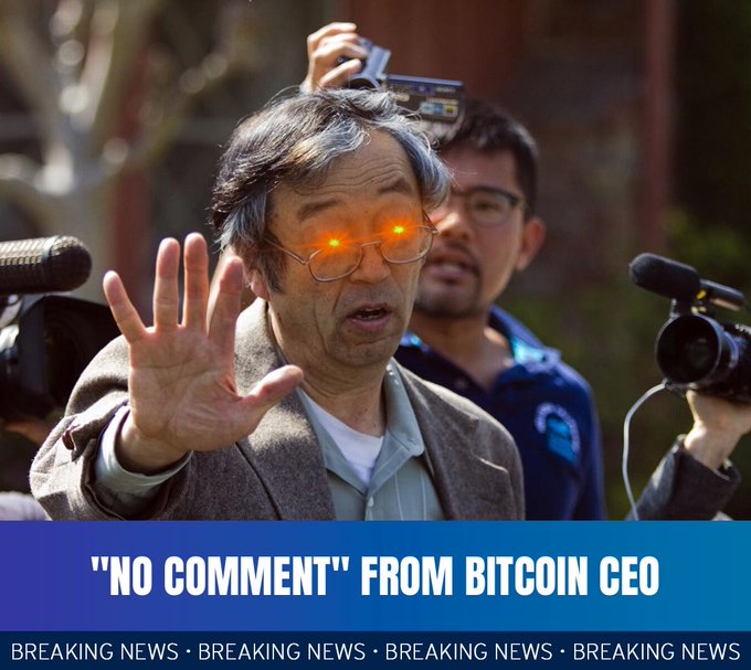 Meme image showing an elderly man with glowing red eyes holding up his hand, captioned 'NO COMMENT FROM BITCOIN CEO' with breaking news banner.
