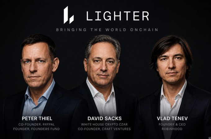 Promotional image for 'LIGHTER - BRINGING THE WORLD ONCHAIN' featuring Peter Thiel (Co-Founder, PayPal & Founders Fund), David Sacks (White House Crypto Czar & Co-Founder, Craft Ventures), and Vlad Tenev (Founder & CEO, Robinhood).