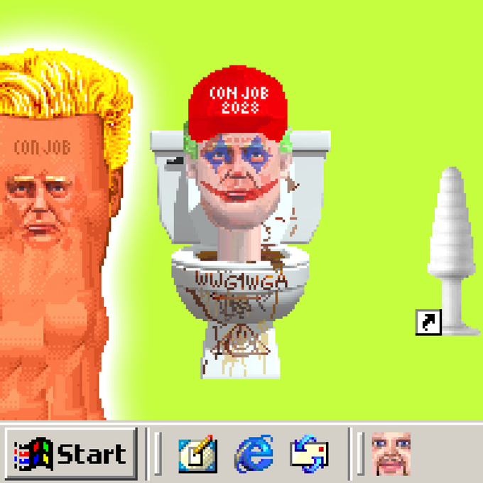 A pixelated Windows 95-style desktop featuring a Trump-themed toilet with "CDHJOB 2028" on the hat and "WWG1WGA TRUMPY" on the bowl, with an orange Trump tower labeled "CDHJOB" on the left, all set against a neon green background. The image visually represents the absurdist and satirical nature of the NFT collection featured in the accompanying Twitter post.