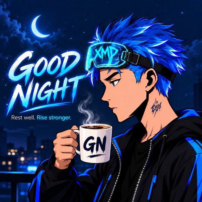 A neon anime-style “GOOD NIGHT” illustration shows a blue-haired person wearing glowing “XMP” goggles and holding a steaming “GN” mug, with the caption “Rest well. Rise stronger.”