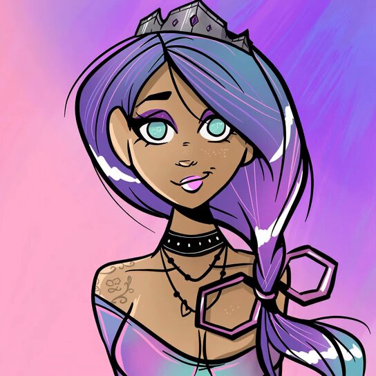 The image features a cartoon girl with purple hair wearing a tiara and has a tattoo on her shoulder. The caption reads "Friends, I think we made Polygon as big as it is nowadays. Still it looks like it is dead. What do you think?". This suggests that the girl's unique appearance might be reminiscent of the character Polygon from the popular animated series "The Simpsons".