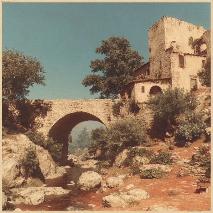 A vintage landscape print depicting a stone arch bridge spanning a rocky stream, with an old stone building perched on the hillside beside it under a clear blue sky.