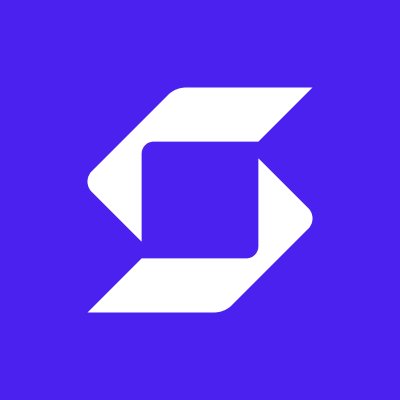 A white geometric logo resembling interlocking arrows is displayed on a purple background.