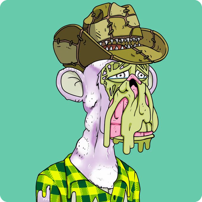 A cartoon ape with melting, distorted features wears a patched, toothy baseball cap and a green plaid shirt. The eerie, zombie-like "Bored Ape" style illustration visually matches the post's reference to the Mutant Ape Yacht Club (MAYC) NFT collection, suggesting the owner acquired the NFT before NFT_NYC.