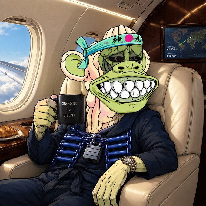 An anthropomorphic green ape wearing a "和思" headband holds a mug reading "SUCCESS IS SILENT" while wearing a heavy dumbbell chain and luxury watch inside a private jet displaying "ALTITUDE 41,000 ft" and "SPEED 516 mph" — embodying the smug, quiet-confidence "good morning" meme aimed at bragging crypto/NFT traders who gloat without saying a word.